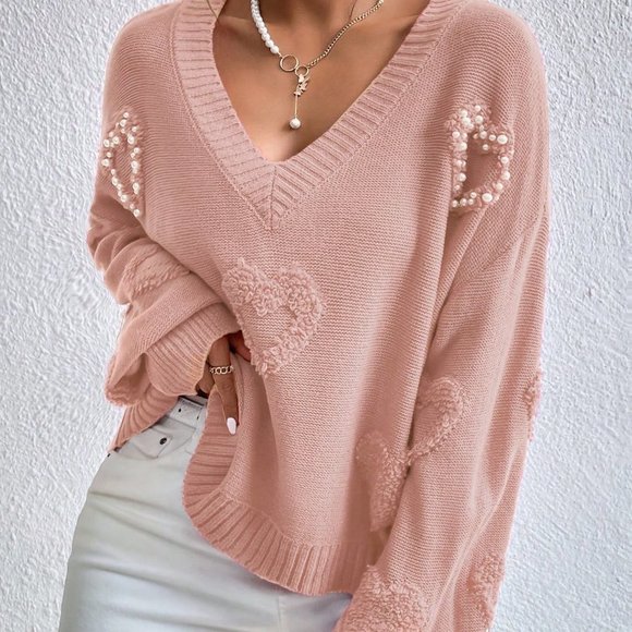 Coral Pink Casual Womens Pearls Heart Detail V-neck Drop Shoulder Sweater - Picture 3 of 5